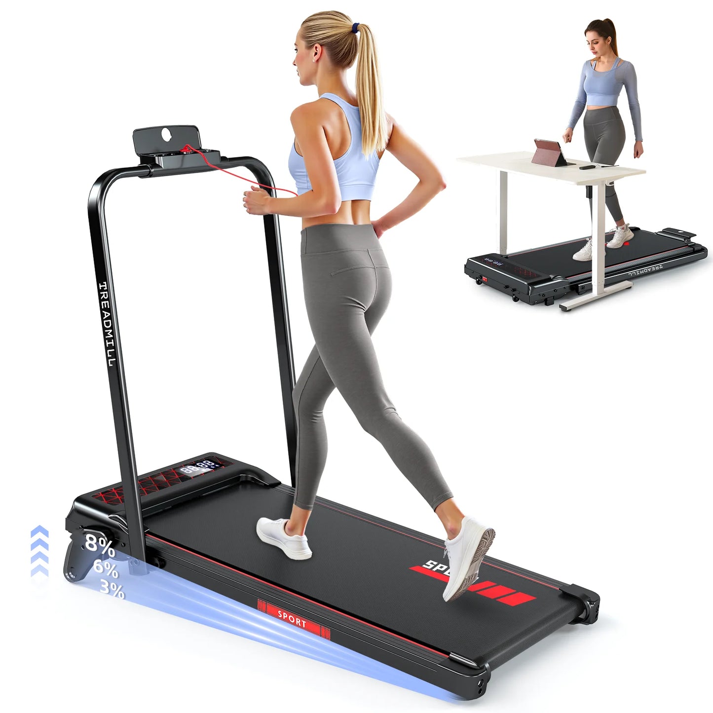 Tapis de Course Pliant 4-en-1 – Inclinaison 8%, Moteur 2,25 CV, 1-12 km/h