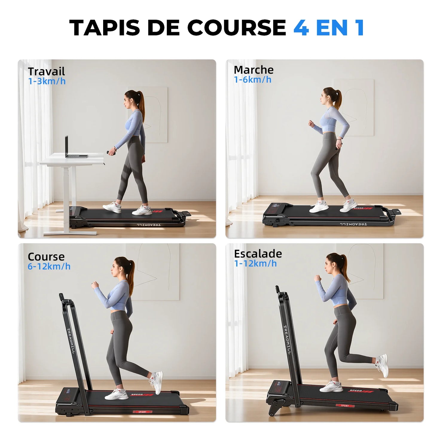 Tapis de Course Pliant 4-en-1 – Inclinaison 8%, Moteur 2,25 CV, 1-12 km/h