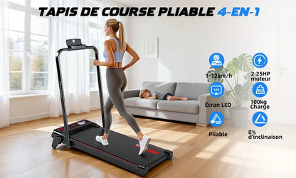 Tapis de Course Pliant 4-en-1 – Inclinaison 8%, Moteur 2,25 CV, 1-12 km/h